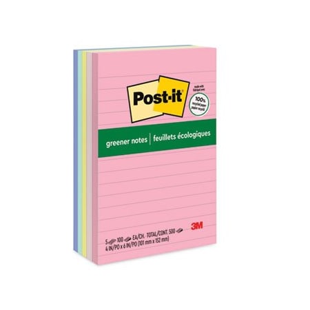 3M Post-it Note Pads, Lined, Recycled, 4inx6in, 5PK 660RPA